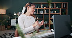 Dance, woman and celebration on laptop at agency for ad performance, campaign success and bonus. Coworking, happy person or tech with rhythm for pitch approval, marketing incentive or salary increase