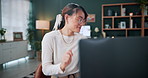 Success, woman and dance on laptop at agency for ad performance, campaign celebration and bonus. Coworking, happy person or tech with rhythm for pitch approval, marketing incentive or salary increase
