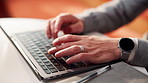 Laptop, hands and person typing for online planning, email or business proposal for opportunity. Computer, person or entrepreneur with web information, productivity and research for job investment
