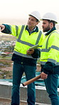 Architect, construction site and men with tablet for discussion, meeting or planning for decision. Mature inspector, tech and contractor with project management for civil engineering or development