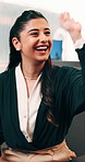 Success, celebration or happy people with high five in office for winning, achievement or teamwork. Excited, woman and man with smile, congratulations or good news for promotion or bonus in workplace