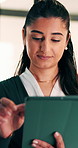 Reading, scroll or woman with tablet in office, editing draft or newsletter check for email marketing. Review, typing or employee with tech for mailing list evaluation, smile or promotional bulletin