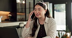 Asian woman, laptop and phone call in home, freelancer and talk to client for advertising. Tech, remote work and marketer in house, typing and happy with negotiation for social media sponsorship