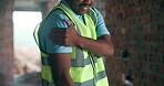 Construction, shoulder pain or hands on site with strain, joint sprain or labor injury in building project. Overworked, man or engineer with accident, arm issue or arthritis in industrial development
