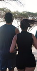 Athlete, people and running in nature for fitness, exercise and endurance training for wellness. Back, runner or sprinting with friends for cardio, physical activity and challenge for sports practice