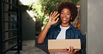 Wave, delivery and woman with box at door for online shopping, ecommerce and receive order. Goodbye, happy and African person with package, parcel and courier service for shipping or distribution