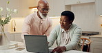 Smile, talking and senior couple with laptop, research and finance report for investment. Happy, black people and reading at house with tech, online payment and financial information for retirement