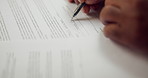 Hands, signature and person writing with document, application and compliance form for loan. Report, contract and finance agreement with paperwork, banking membership and legal notary for title deed
