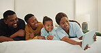 Smile, selfie and tablet with black family in bedroom for social media post, digital memory and love. Happy, online photography and morning picture with parents and children in home for connection