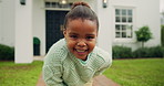 Laugh, outdoor and face of black child by new home with positive attitude for moving safety. Happy, development and portrait of girl kid with relax in backyard with confidence for growth by house.