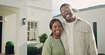 Happy couple, face and hug at house, outdoor and bonding with partner on weekend and love connection. Black people, home and laughing with spouse on break, support and embrace with loyalty or care