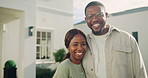 Happy couple, face and hug at house, backyard and bonding with partner on weekend or love connection. Black people, home and laughing with spouse on break, support and embrace with loyalty and care
