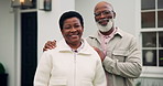 New home, face and senior couple outdoor for property, investment and dream house in retirement. Happy, portrait and black man and woman with pride for real estate, mortgage and purchase for marriage
