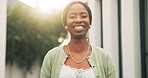 Real estate, laughing and face of black woman outdoor for residential property, smile and excited. Achievement, portrait and homeowner with happiness for moving in, purchase and new house investment