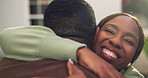 Real estate, couple and hug with smile outdoor for residential property, love and excited. Achievement, embrace and homeowner people with happiness for moving in, purchase and new house investment