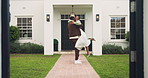 Excited, hug and couple in garden with new home, property investment and spin for dream house. Marriage, happy and black man and woman embrace for real estate purchase, residence and future outdoor