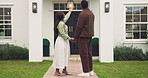 Excited, holding hands and couple outdoor with new home, property investment and dream house. Marriage, happy and black man and woman with real estate purchase, residence and pointing for lease