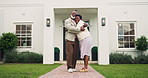 New home, hug and face of old couple outdoor for property, investment and dream house in retirement. Marriage, portrait and black man and woman with embrace for real estate, mortgage and purchase