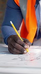 Architecture, sketch and hands of man with blueprint, design and layout for building project. Engineer, contractor and person with drawing, pencil and ruler for floor plan, remodeling and renovation