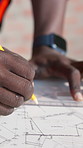 Architecture, writing and hands of person with blueprint, design and layout for building project. Engineer, contractor and worker with ruler, pencil and scale for floor plan, remodeling or renovation