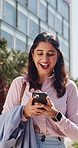 Businesswoman, commute and laugh in city with phone, funny text message and email for real estate. Happy, realtor and female person walk in urban town with tech, social media joke and travel to work.