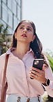 Phone, lost and business woman in city for real estate location, travel and navigation app. Mobile, person walking and realtor in town for property search, morning commute and confused with direction