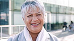 Laughing, face and professional with business woman in city for about us, property developer or pride. Real estate agent, happy and urban investor with mature person outdoor for confidence in career
