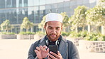 Travel, muslim man and texting with phone in city for internship feedback, email or good news. Commute, islamic person or smile with mobile app outdoor for vacancy update, notification or opportunity