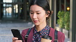Business, smile and woman in street, phone for social media or email notification with website info. Japanese person, mobile user or employee in city, typing or internet for online reading or scroll
