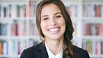 Laugh, professor and face of woman in library for about us, course lecturer and knowledge. Education, academy researcher and bookshelf with person on campus for pride, funny and university advisor