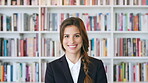 College, professor and face of woman in library for about us, course lecturer or knowledge. Education, academy researcher and bookshelf with person on campus for pride, teacher and university advisor