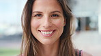 Happy, professional and face of businesswoman in city with confidence for creative career with growth. Smile, professional and portrait of female fashion designer with pride for about us in town.