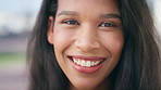 Happy, about us and face of businesswoman in city with confidence for finance career. Smile, professional and portrait of female financial advisor with pride for job opportunity in town in Mexico.