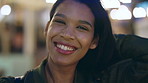 Smile, night and face of businesswoman in city with confidence for creative career with growth. About us, professional and portrait of female fashion designer with pride for job opportunity in town.