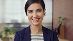 Happy woman, face and attorney at office with confidence, pride and career at legal advisory company. Person, lawyer or agent with job, portrait and consultant in workplace at law firm in Portugal