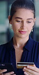 Credit card, payment or woman in office with phone, online banking or sales promo in eft transaction. Business, easy shopping or employee with tech, digital checkout and discount on cashless purchase
