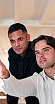 Telemarketing, advice and men with headset in call center, working late and explanation for trainee. Night, consultation and people with tech for lead generation, coworking and helping colleague