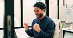 Businessman, laptop and winning with success in office for good news, promotion or bonus. Happy man, employee or fist pump with smile on computer for achievement, accomplishment or work celebration