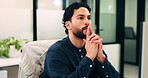 Thinking, review or man in office with solution, brainstorming or budget insight for business funding. Reflection, plan or finance advisor with tablet, portfolio check or proposal idea for investment