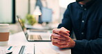 Hands, phone and wrist pain with business person at desk in workplace for symptoms of arthritis. App, carpal tunnel and typing with employee man in coworking office for cramp, injury or muscle spasm