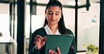 Woman, reading or scroll in office with tablet, sales performance report or data analysis for income. Person, smile and online research in business with tech, review graphs or statistics for revenue.