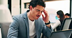 Headache, tired or man in office with laptop, brain fog or audit mistake on budget report. Burnout, coworking or finance advisor with tech, migraine fatigue or bookkeeping error in cost review.