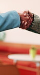 Business people, handshake and agreement at office with introduction or partnership, deal and conversation. Explain, chat and gesturing with team shaking hands, collaboration or welcome at workplace