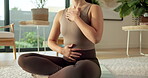 Hands, breathe and woman at house for meditation, mindfulness and zen for spiritual healing. Female person, yoga and exhale in lounge with namaste pose, inner peace and holistic balance for self care