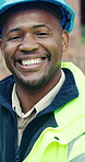 Face, black man and engineer with smile for construction, career pride or about us for architecture. Portrait, male person and hard hat outdoor for safety, positive attitude and building development