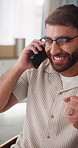 Ecommerce, man and phone call in office with fist pump, supply chain goals or sales achievement. Happy, person talk or contact in small business with tech, logistics success or celebration for profit