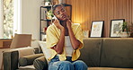 Phone call, talking and black woman on sofa with neck pain, injury and consulting for telehealth. Home, frustrated and person with strain, pressure and tension on cellphone for healthcare advice