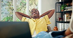 Finish, home and black woman with laptop for remote work, break and done with customer service job. Happy, relax and person stretching with headset for virtual assistance, online help or tech support