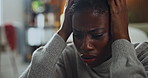 Black woman, anxiety and fear in home for mistake, overthinking or loss with pressure or phobia. Trauma, panic or female person with depression in living room with stress for mental health crisis
