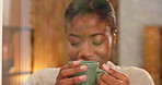 Window, aroma and black woman with coffee in home, thinking and peace on weekend break in living room. Reflection, smell beverage and person at apartment with memory, nostalgia and perspective